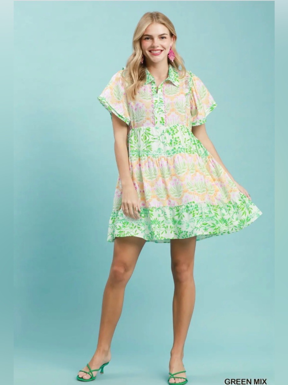 Umgee Mixed Floral Tiered Mini Dress with Flutter Sleeves🛍️
